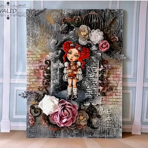Vintage Girl and Teddy Bear Mixed Media Art on Canvas - 30x40cm