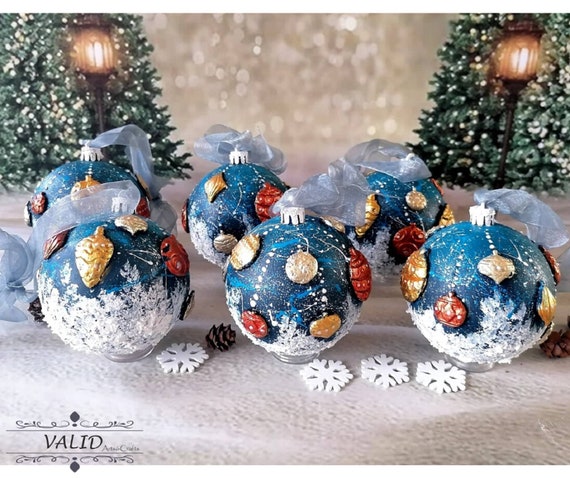 Blue Christmas ball with snow effect, Xmas tree ornament