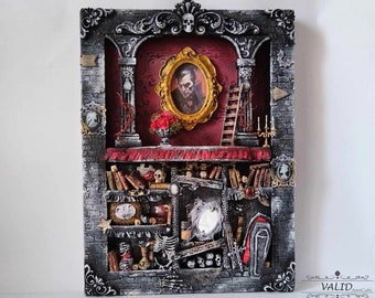 Gothic Dracula Hanging Cabinet: Mixed Media Vampire Diorama