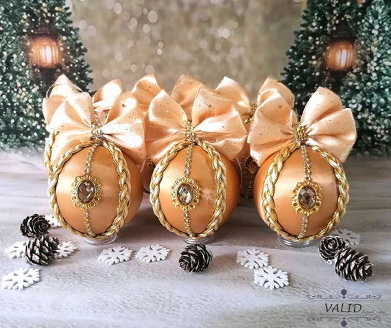 Vintage Handmade Gold Satin Decorated/ Christmas Ball Ornaments /Golden Christmas tree ornaments