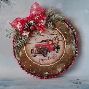 Red truck hanging wall decor/Christmas decor/Decoupage