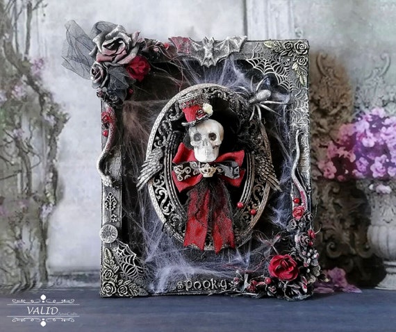 Halloween Skull Art/ Skelett Deko/Gruselige 3D Mixed Media  Wanddekoration/Handgemachte Gothic Kunst - .de