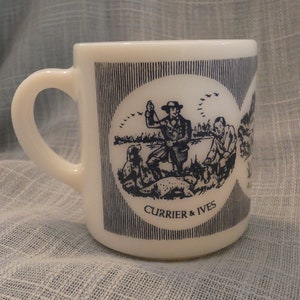 Currier & Ives milk-glass mug - &quot;A Good Day&#39;s Sport&quot; - vintage 60s