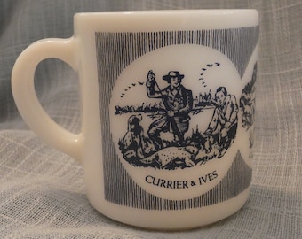 Currier & Ives milk-glass mug - "A Good Day's Sport" - vintage 60s