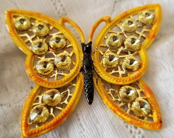 Yellow enamel and rhinestone butterfly brooch by Weiss