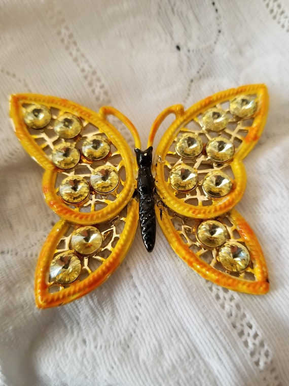 Yellow enamel and rhinestone butterfly brooch by W
