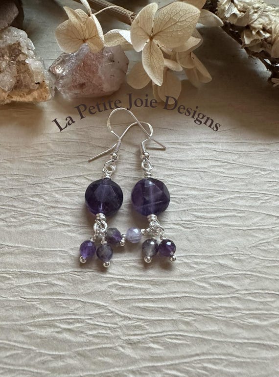Amethyst Faceted Coin Drop Earrings
