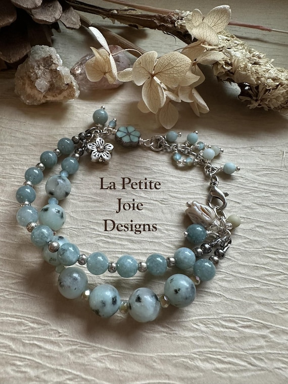 Double Strand Kiwi Jasper and Burmese Jade Bracelet with Amazonite Accents