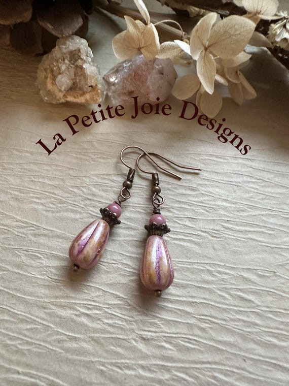 Rhodonite and Pink Czech Glass Drop Earrings