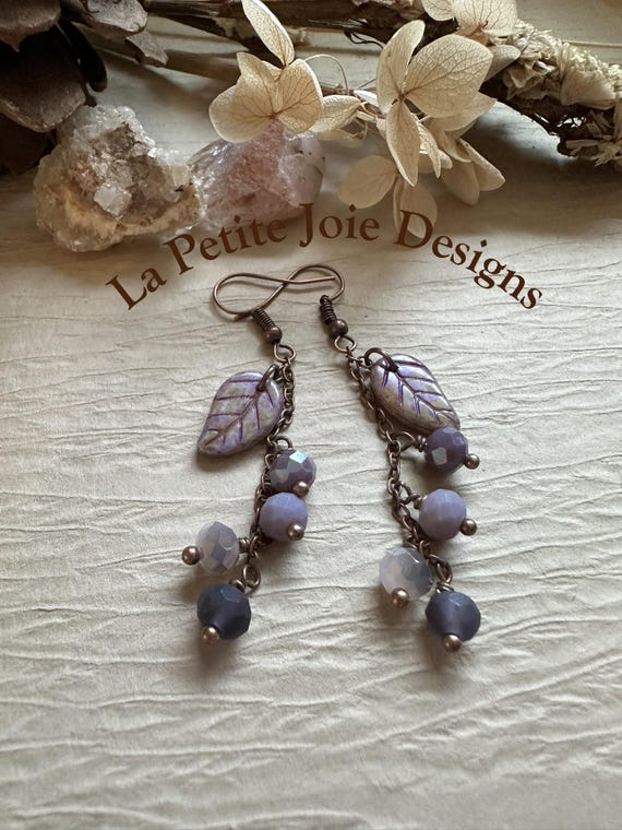 Lavender Czech Glass Leaf Earrings