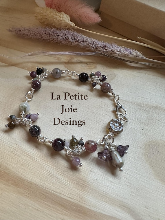Handmade Tourmaline Bead Bracelet with Czech Glass Flowers