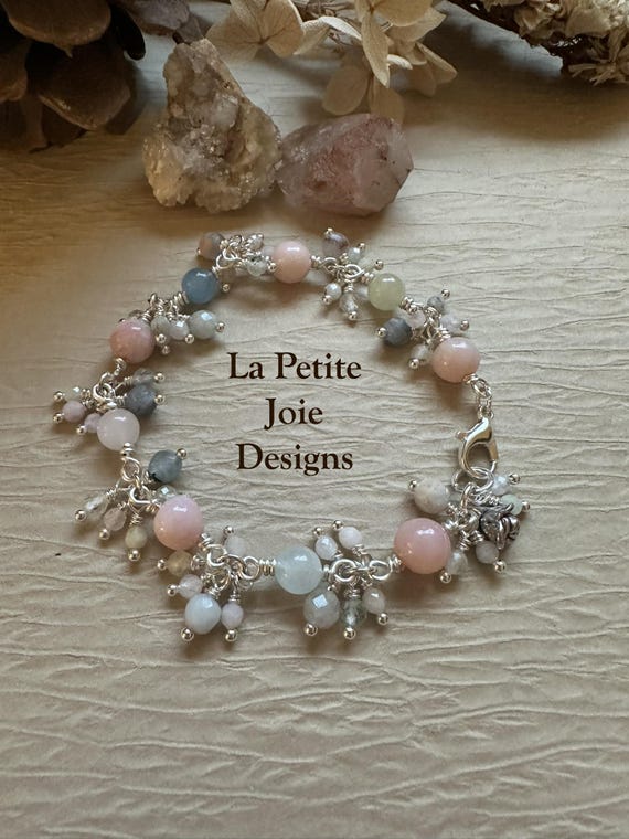 Morganite and Pink Opal Silver Wire-wrapped Bracelet