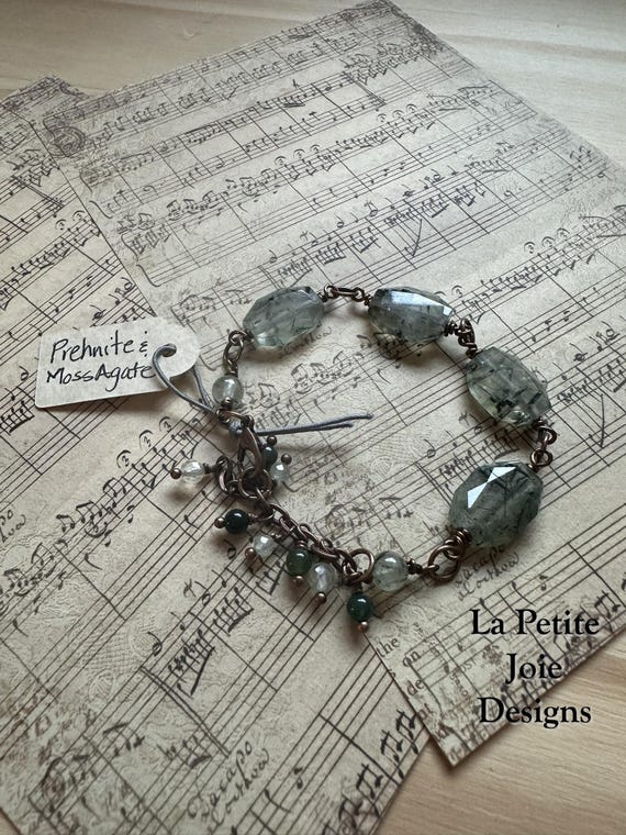 Serenity Grove - Prehnite Bracelet with Unique Slab Beads and Moss Agate Accents