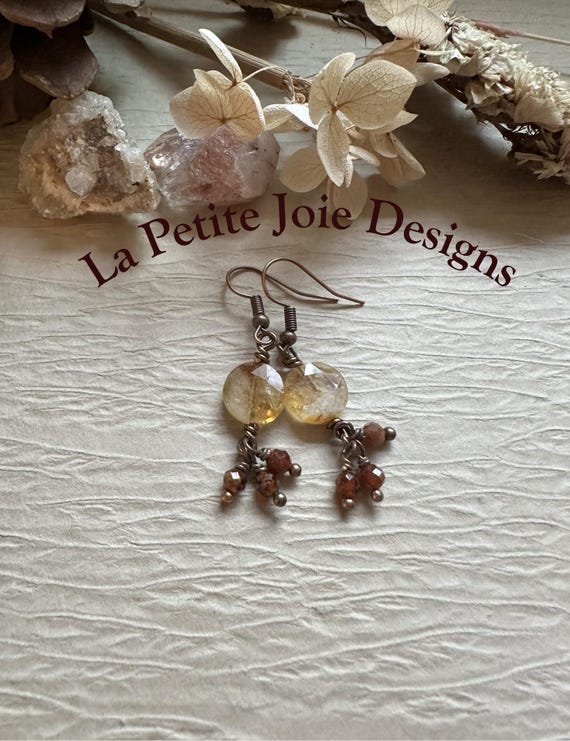 Citrine and Peach Garnet Drop Earrings with French Hook wire