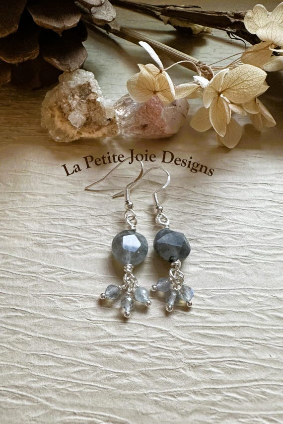 Labradorite faceted coin drop earrings with blue-green flash on a French wire.