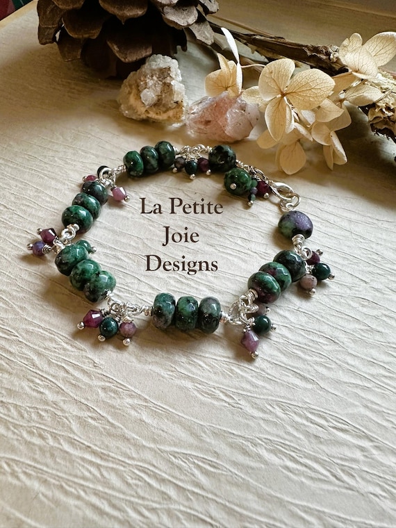 Ruby Zoisite bracelet with Pink Tourmaline, Ruby, and Moss Agate accents