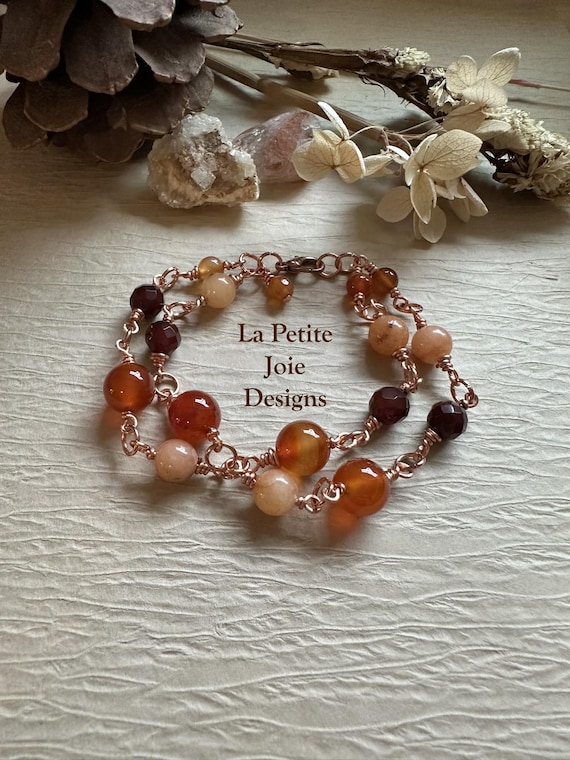 Carnelian and Sunstone Handcrafted Copper Wire-wrapped Bracelet