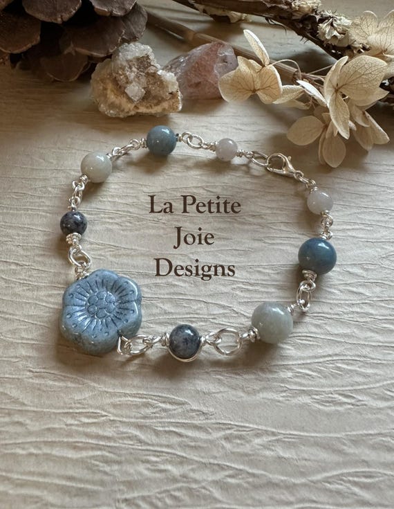 Sky Blue, Gray, & White Amblygonite Bracelet with Czech Glass Flower – Silver Wrapped Boho Gemstone Jewelry