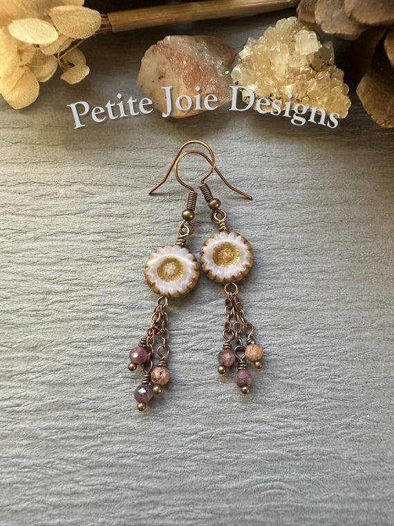 Ruby Sapphire Earrings with Lilac Flower Czech Glass Beads