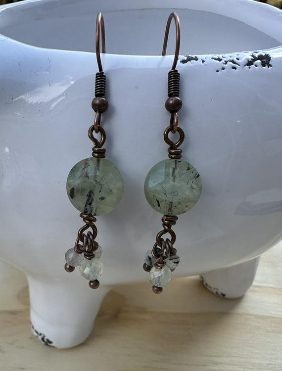 Handmade Prehnite Gemstone Drop Earrings – Boho Faceted Coin Beads