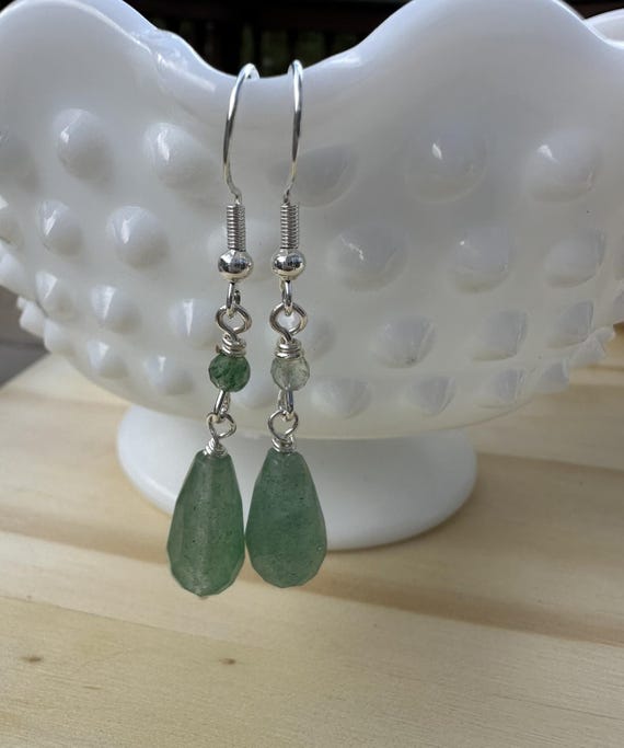 Green Strawberry Quartz Drop Earrings – Faceted Teardrops, Handmade Boho Gemstone Jewelry, French Hook Earrings