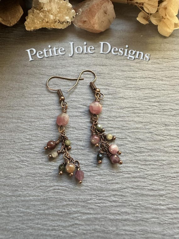Watermelon Tourmaline Drop Earrings in Antique Copper