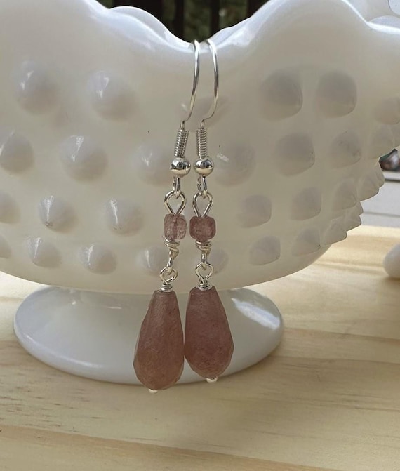 Strawberry Quartz Teardrop Earrings on a French Wire