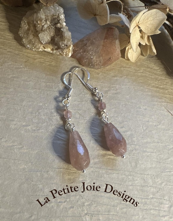 Strawberry Quartz Teardrop Earrings on a French Wire