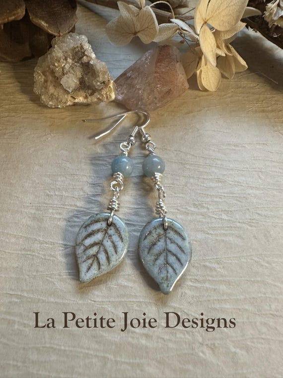 Amblygonite Drop Earrings with Pearlescent Blue Czech Glass Leaf – Lightweight Gemstone Boho Dangle Earrings