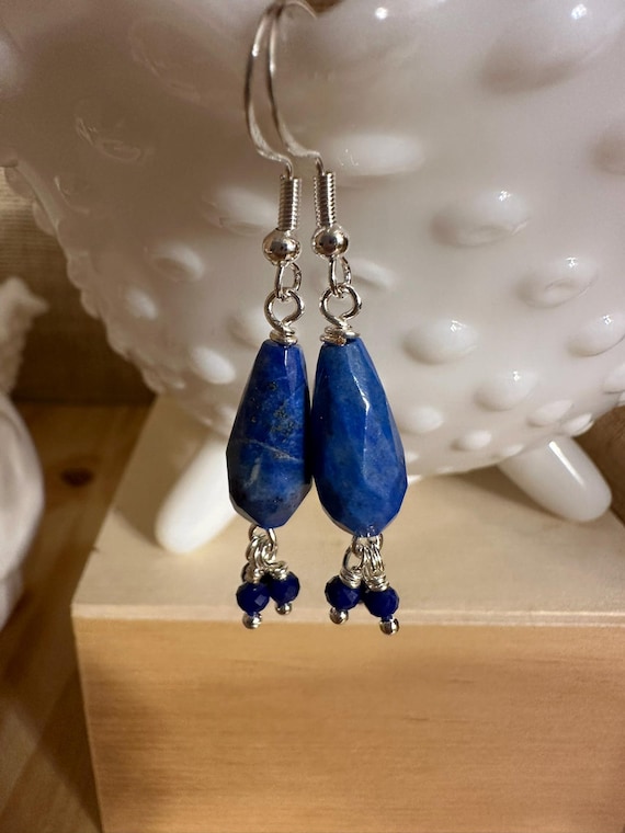 Lapis faceted tear drop earrings.