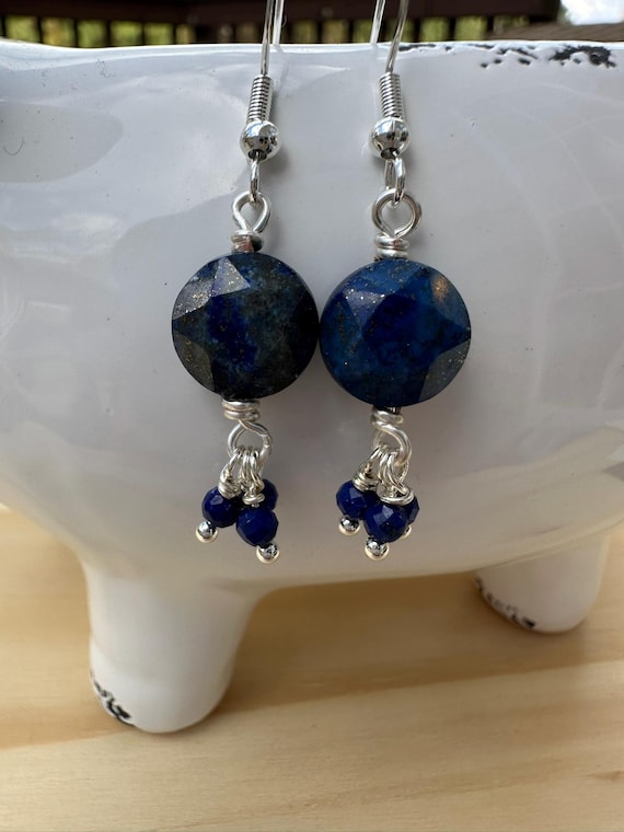 Lapis lazuli faceted coin drop earrings with French Hook