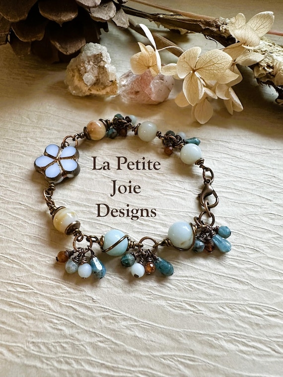 Amazonite and Czech Glass Bracelet Accented with Apatite and Peach Garnet Drops