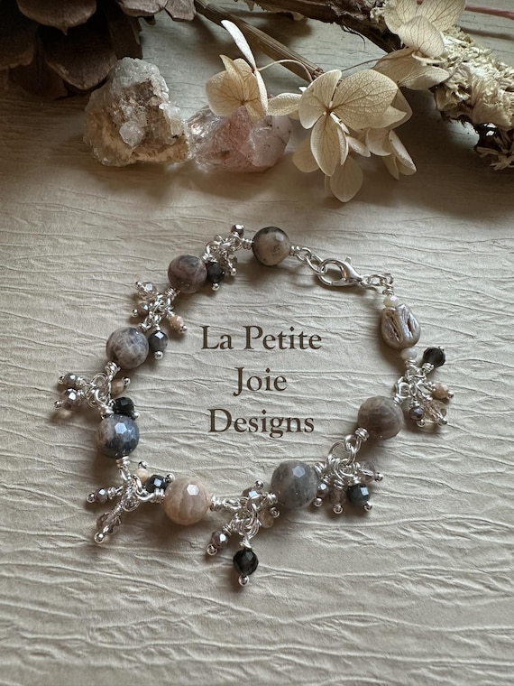 Black Moonstone Bracelet with Silver Obsidian accents