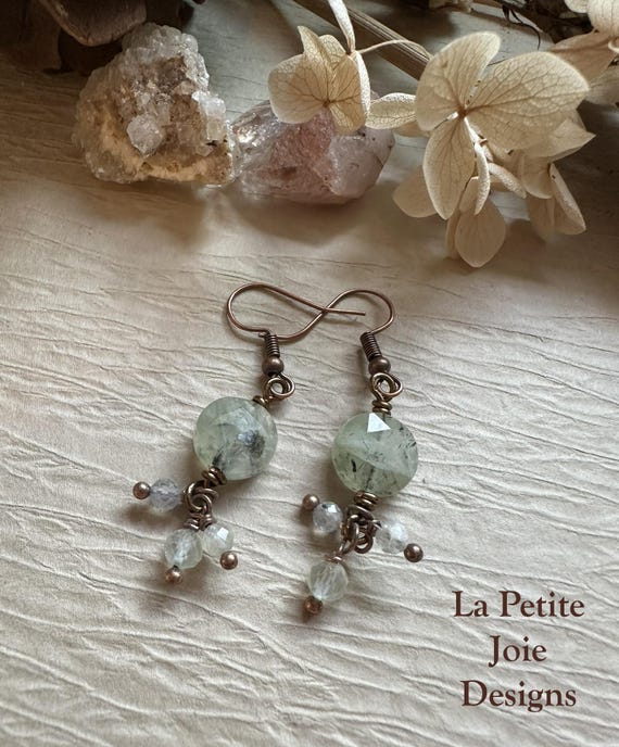 Prehnite Gemstone Drop Earrings – Boho Faceted Coin Beads