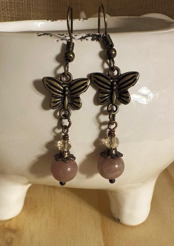 Strawberry Jade and Butterfly Drop Earrings