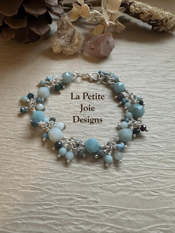Amazonite & Apatite Silver Wire Wrapped Bracelet – Aqua Blue Gemstone Beaded Bracelet