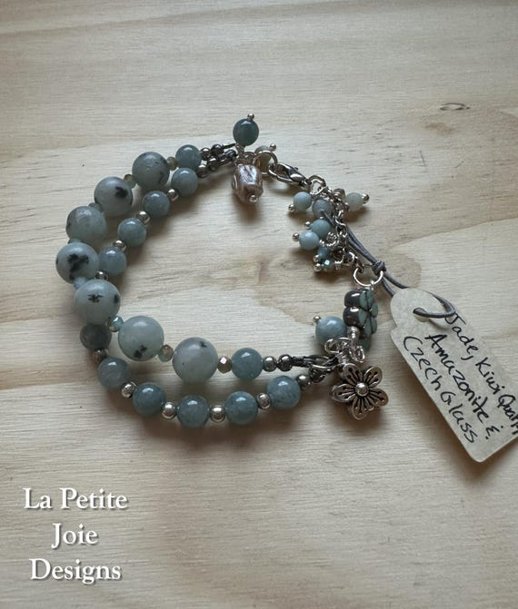 Double Strand Kiwi Quartz and Jade Bracelet with Amazonite Accents
