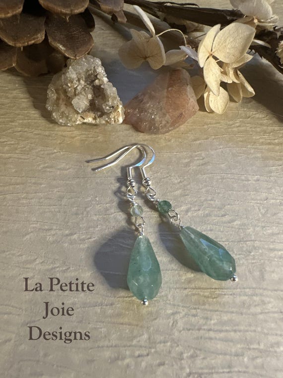 Green Strawberry Quartz Drop Earrings – Faceted Teardrops, Handmade Boho Gemstone Jewelry, French Hook Earrings