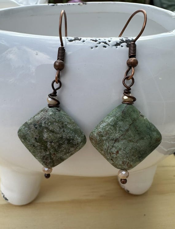 Green African Opal Drop Earrings accented with cream colored Czech Glass on a French wire.