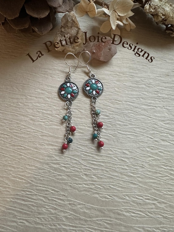 Enamel Flower, Coral & Turquoise Drop Earrings