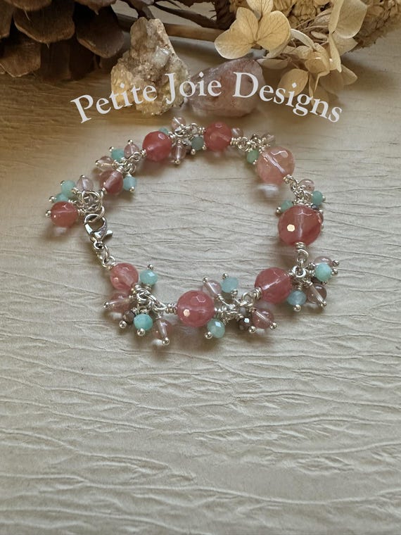 Cherry Quartz and Amazonite Wire-wrapped Bracelet