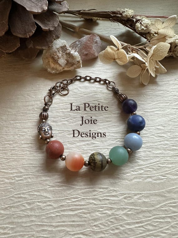 Chakra Bracelet with Antique Copper Buddha – Matte Gemstone Bracelet for Energy & Balance