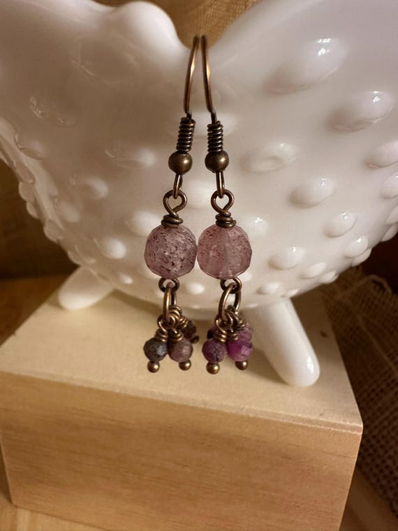Strawberry Quartz and Ruby Drop Earrings on an French Wire