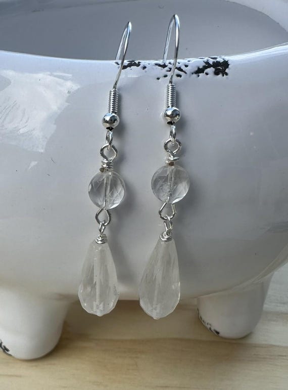 Clear Quartz Tear Drop Earrings on a French wire