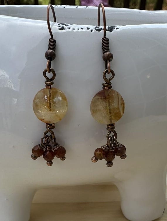 Citrine and Peach Garnet Drop Earrings with French Hook wire