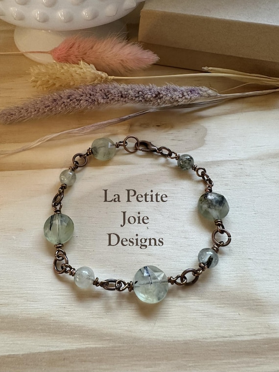 Prehnite Gemstone Bracelet – Antique Bronze Wire Wrapped Jewelry