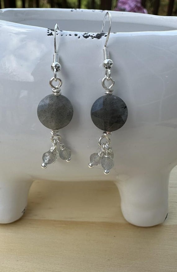 Labradorite faceted coin drop earrings with blue-green flash on a French wire.