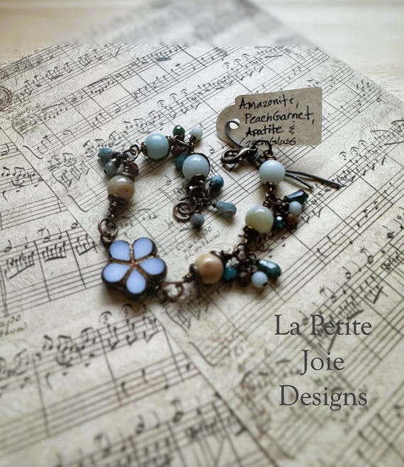 Amazonite and Czech Glass Bracelet Accented with Apatite and Peach Garnet Drops