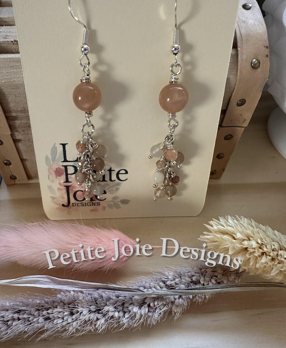 Peach Moonstone & Sunstone Silver Drop Earrings – Handcrafted