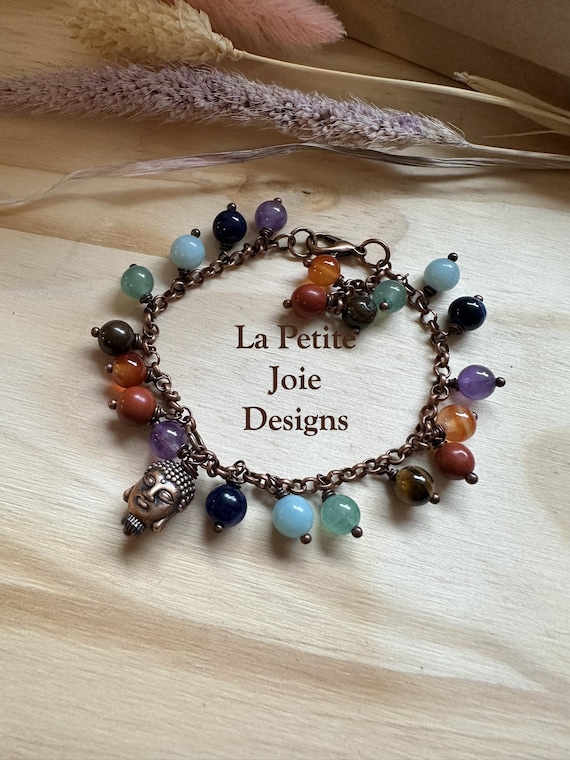 Chakra Bracelet with Antique Copper Buddha – Gemstone Bracelet for Energy & Balance